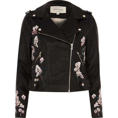 Black faux leather floral biker jacket